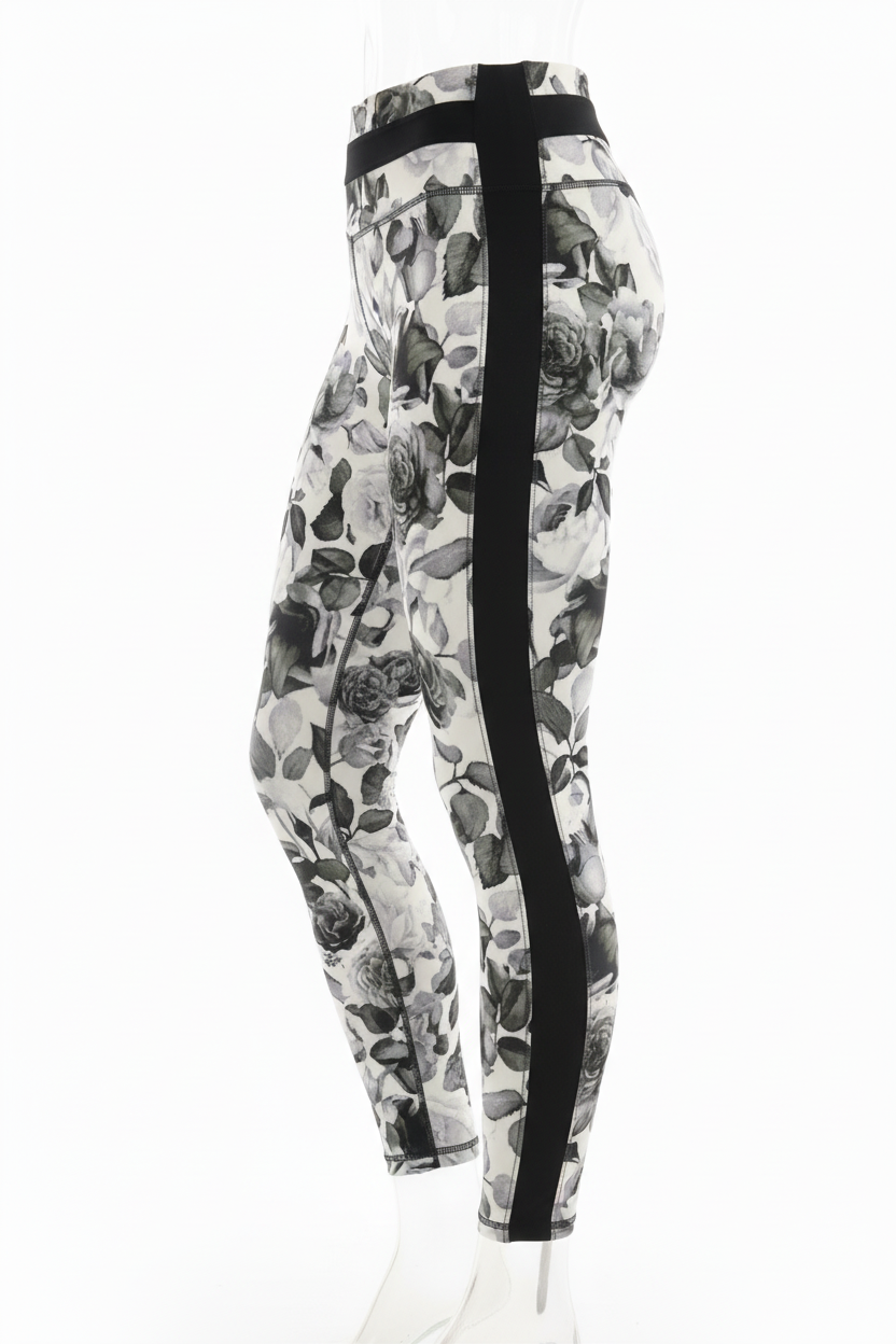 Black, white and olive green floral print